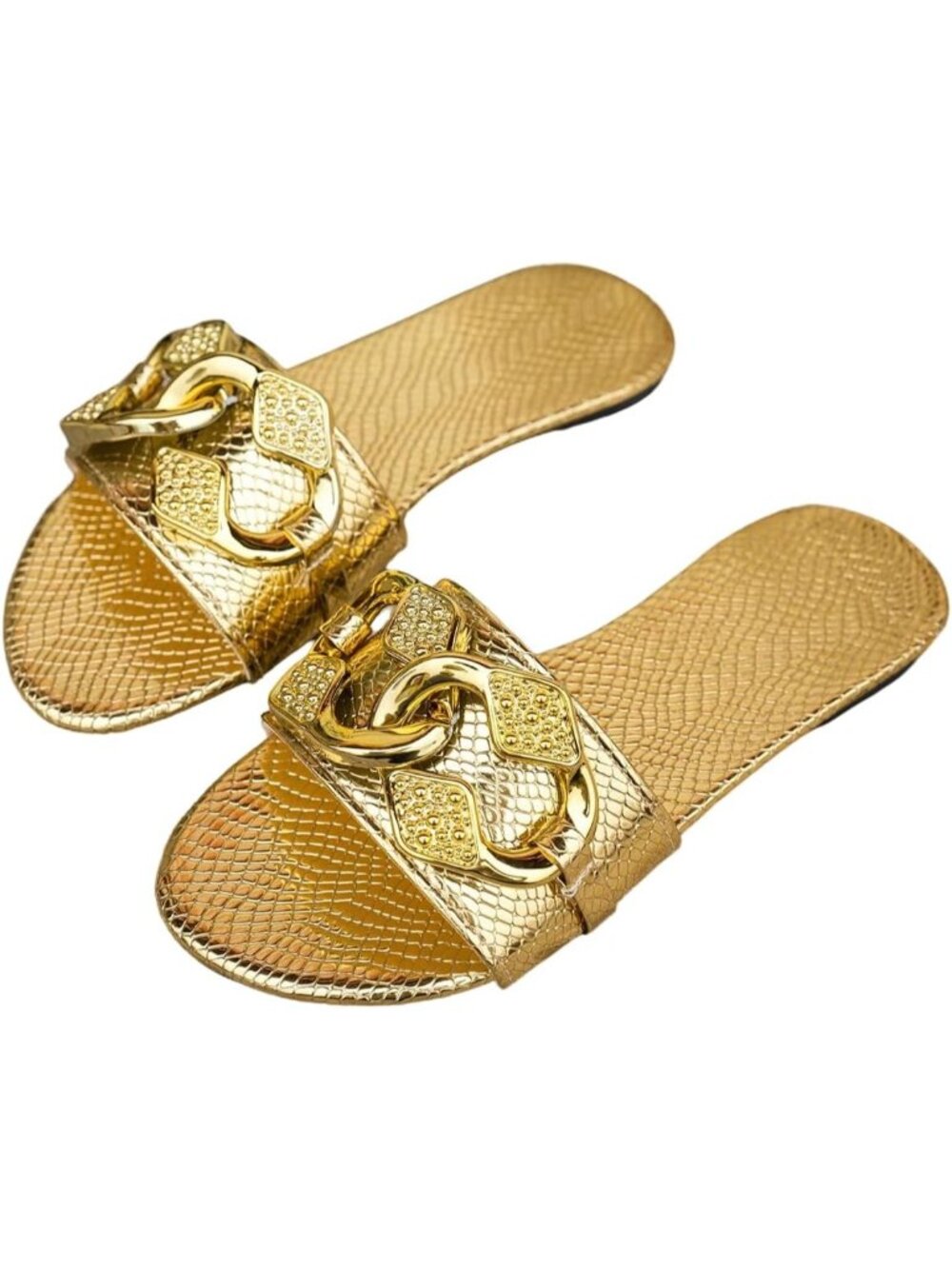 🆕Women's All Gold Gold Chain Crocodile Embossed Sandals Dressy Metallic Flat